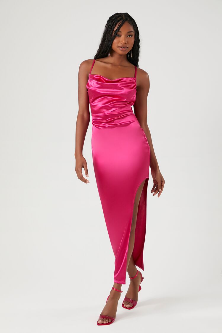 Women's Satin Asymmetrical Maxi Dress in Shocking Pink Small