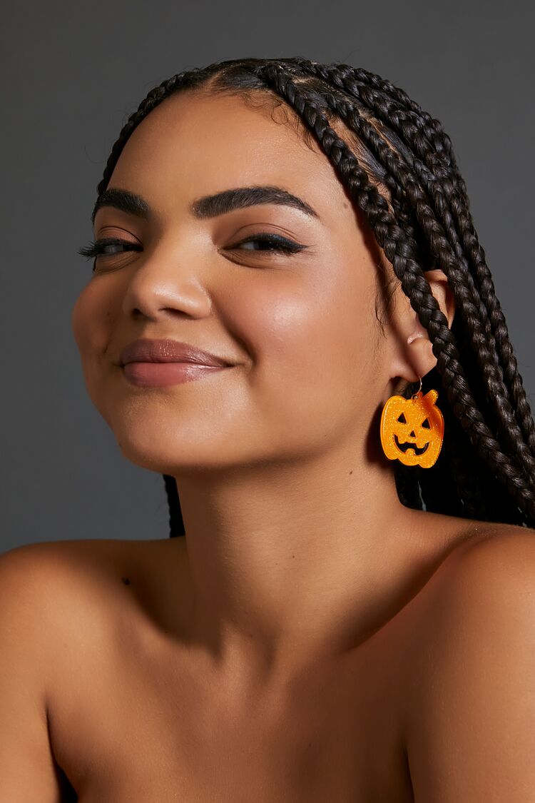 Women's Glitter Pumpkin Drop Earrings in Orange/Black