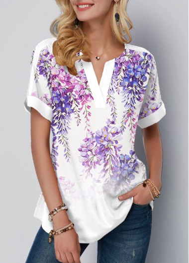 Modlily Floral Print Split Neck Purple T Shirt - XXL