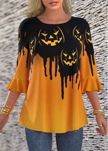 Modlily Halloween Pumpkin Print Round Neck T Shirt - L