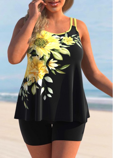 Modlily Sunflower Print Plus Size Yellow Tankini Set - 1X