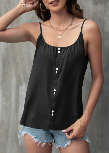 Modlily Spaghetti Strap Black Decorative Button Camisole Top - XL