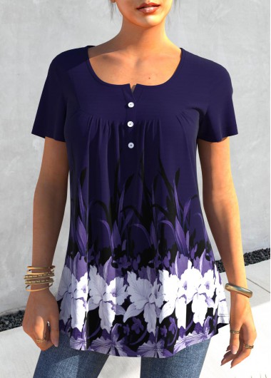 Modlily Floral Print Short Sleeve Purplish Blue T Shirt - S