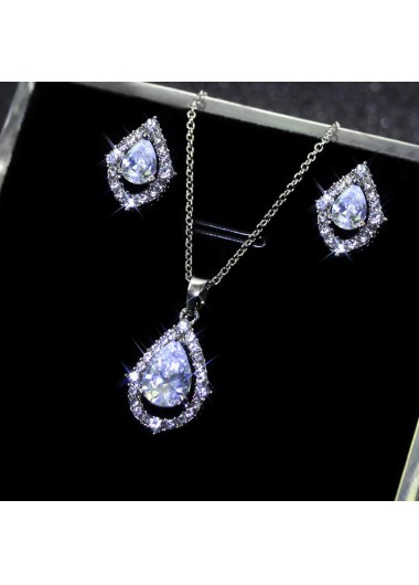 Modlily Silver Waterdrop Design Rhinestone Detail Earrings and Necklace - One Size