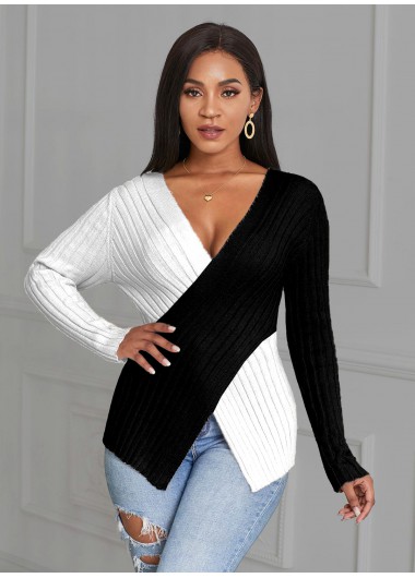 Modlily Cross Front Asymmetric Hem Color Block Sweater - XL