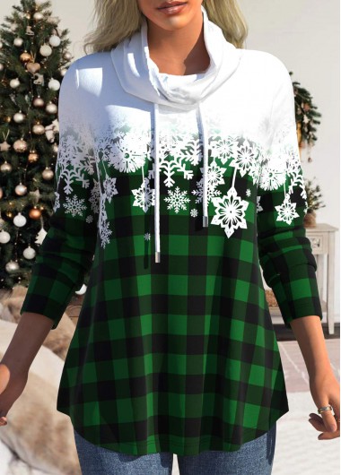 Modlily Plus Size Green Drawstring Snowflake Print Long Sleeve Sweatshirt - 1X