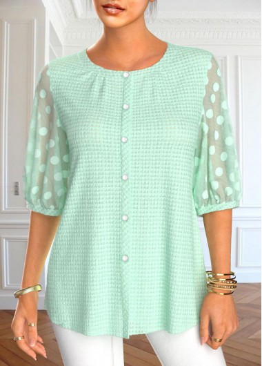 Modlily Mint Green Mesh Half Sleeve Round Neck Blouse - XL