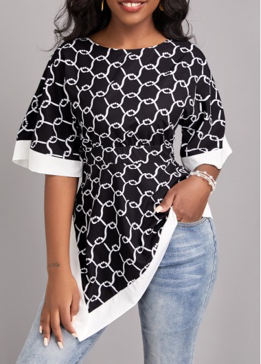 Modlily Black Asymmetry Geometric Print Half Sleeve Blouse - S