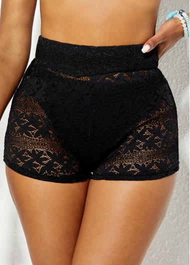 Rosewe Lace Stitching High Waisted Black Swim Shorts - L