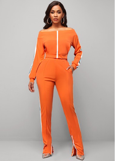 Rosewe Off Shoulder Zipper Closure Orange Contrast Sweatsuit Set - 2XL