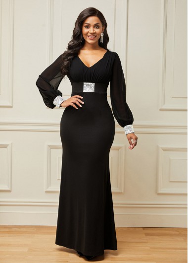 Rosewe Women Black Long Sleeve High Waisted V Neck Elegant Maxi Evening Party Dress Solid Color Bishop Sleeve Winter Cocktail Party Dress - XL