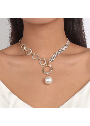 Rosewe Fashion Pearl Rhinestone Detail Gold Round Necklace - One Size