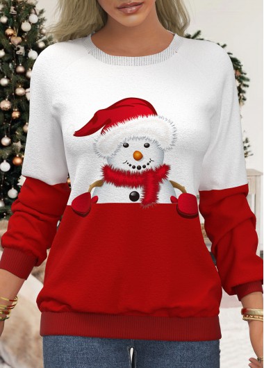 Rosewe Christmas Snowman Print Red Long Sleeve Sweatshirt - M