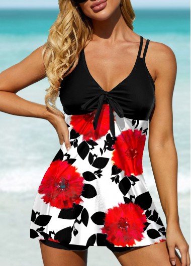 Rosewe Floral Print Bowknot Detail Swimdress and Shorts - XXL