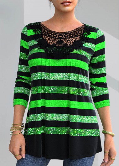 Rosewe Patricks Day Lace Patchwork Striped Black T Shirt - XL