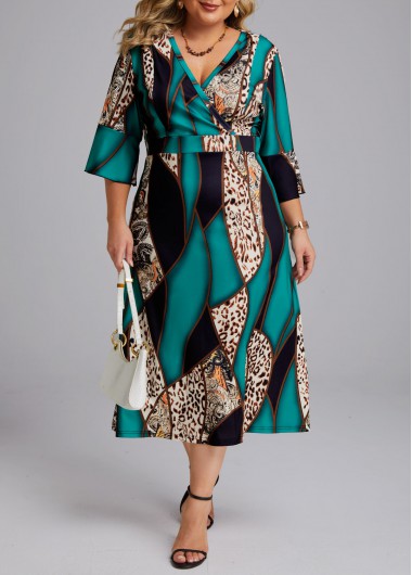 Rosewe Green Plus Size Surplice Leopard Dress - XL