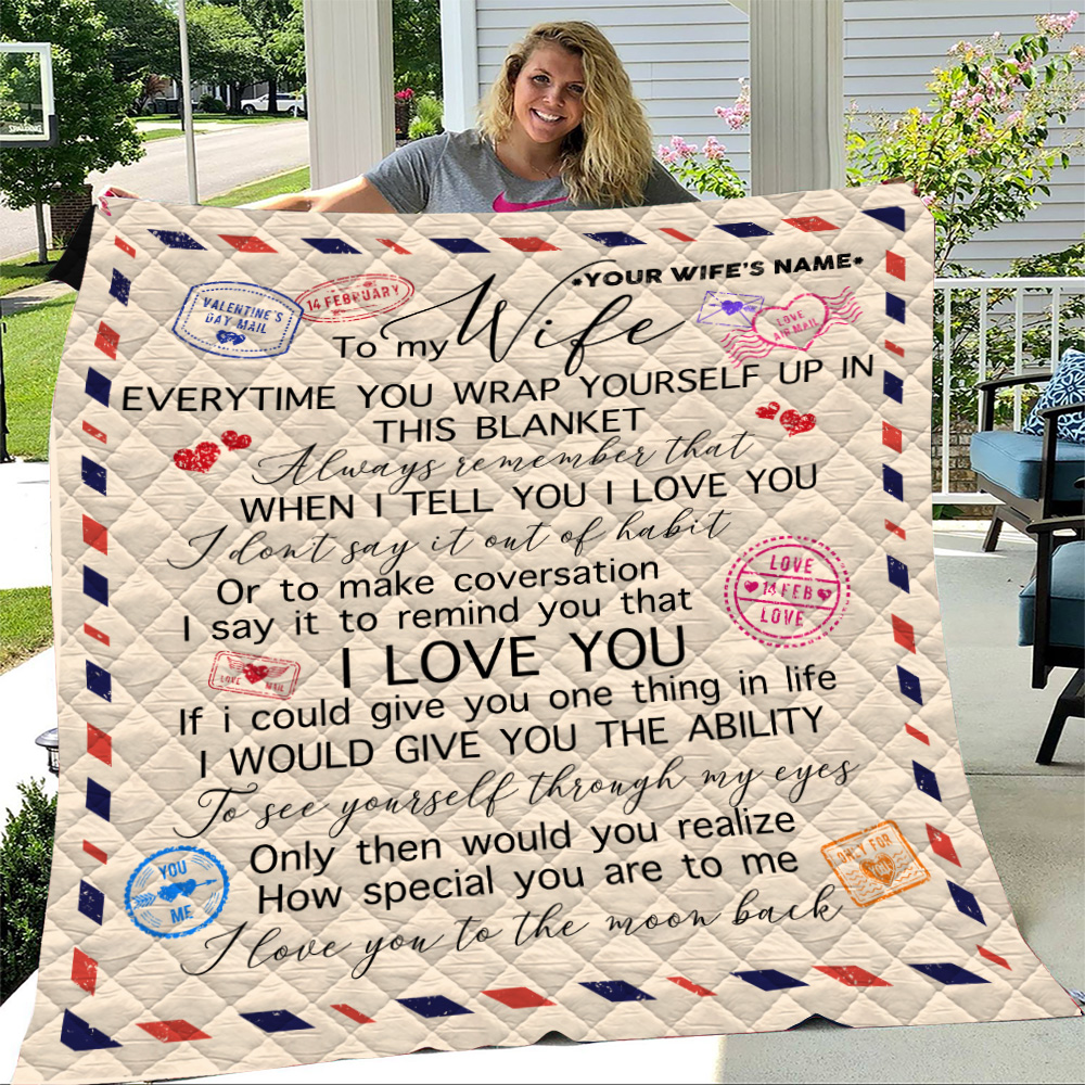 To My Wife Airmail Quilt Blanket I Love You To The Moon And Back | 90 ...