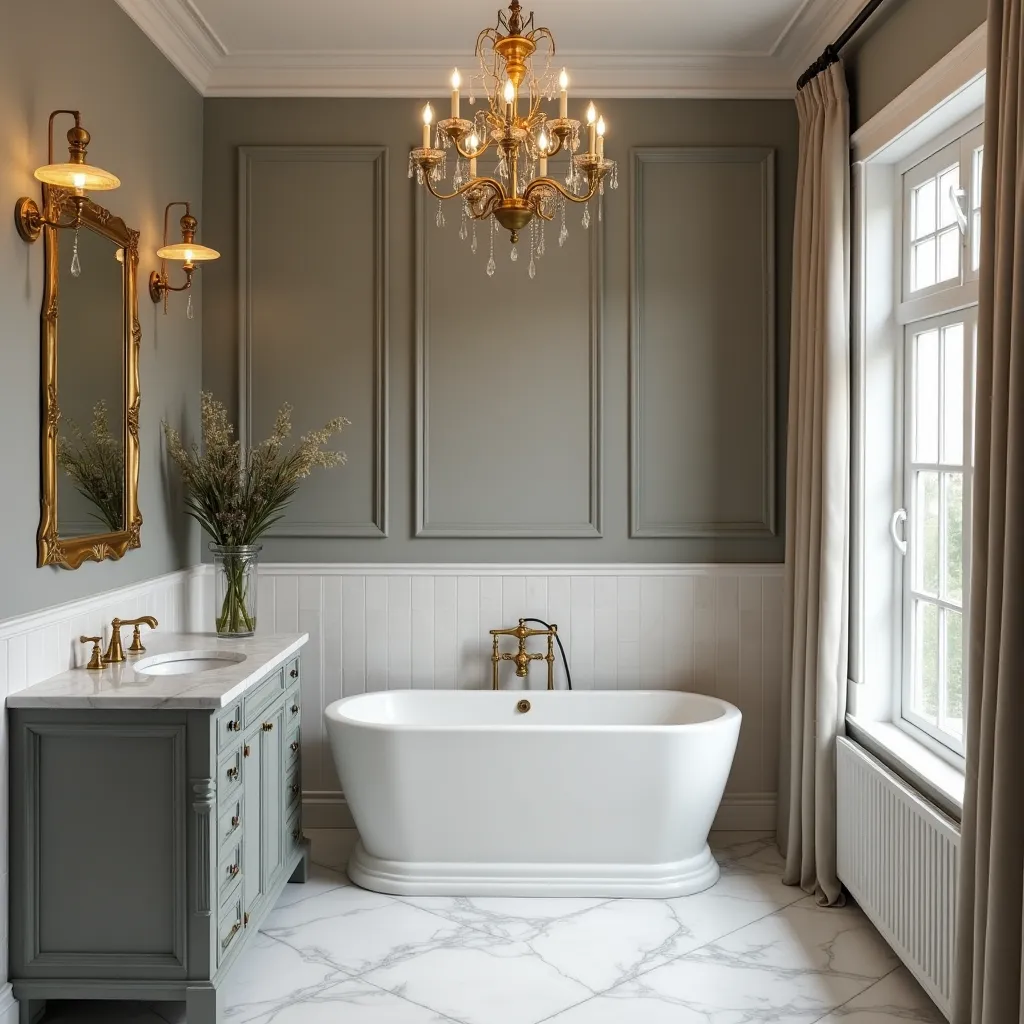 Elegant bathroom design featuring a luxurious gold chandelier and fixtures, complemented by grey walls and cabinetry. The freestanding white bathtub and marble flooring enhance the sophisticated ambiance, offering inspiring gold grey bathroom ideas for a modern home.