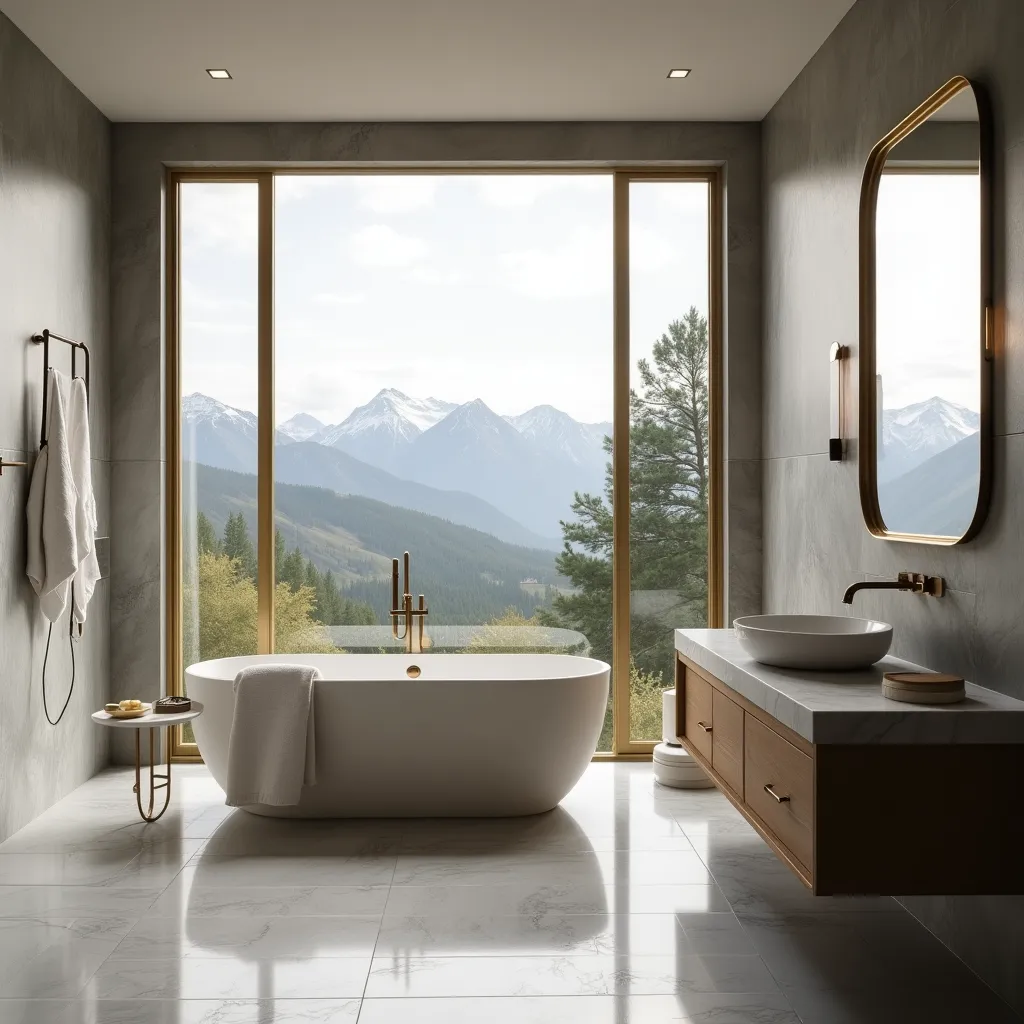 Luxurious bathroom design featuring a freestanding bathtub with gold fixtures, complemented by a sleek grey marble floor and walls. Large windows offer a stunning mountain view, enhancing the serene ambiance. Ideal for those seeking gold grey bathroom ideas.