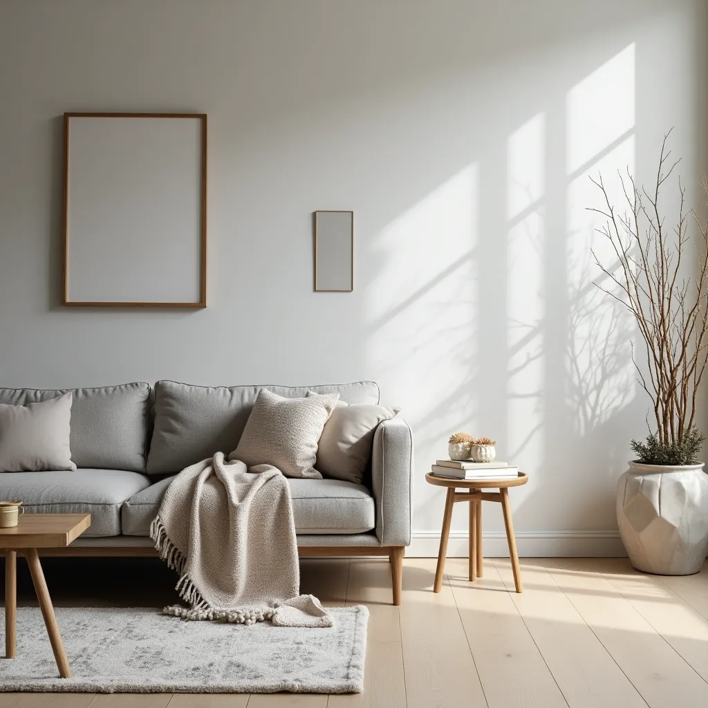 Modern gray and beige living room ideas featuring a cozy gray sofa adorned with beige pillows and a soft throw blanket, complemented by a wooden coffee table and side table. The minimalist decor includes framed wall art and a large potted plant, creating a serene and stylish atmosphere.