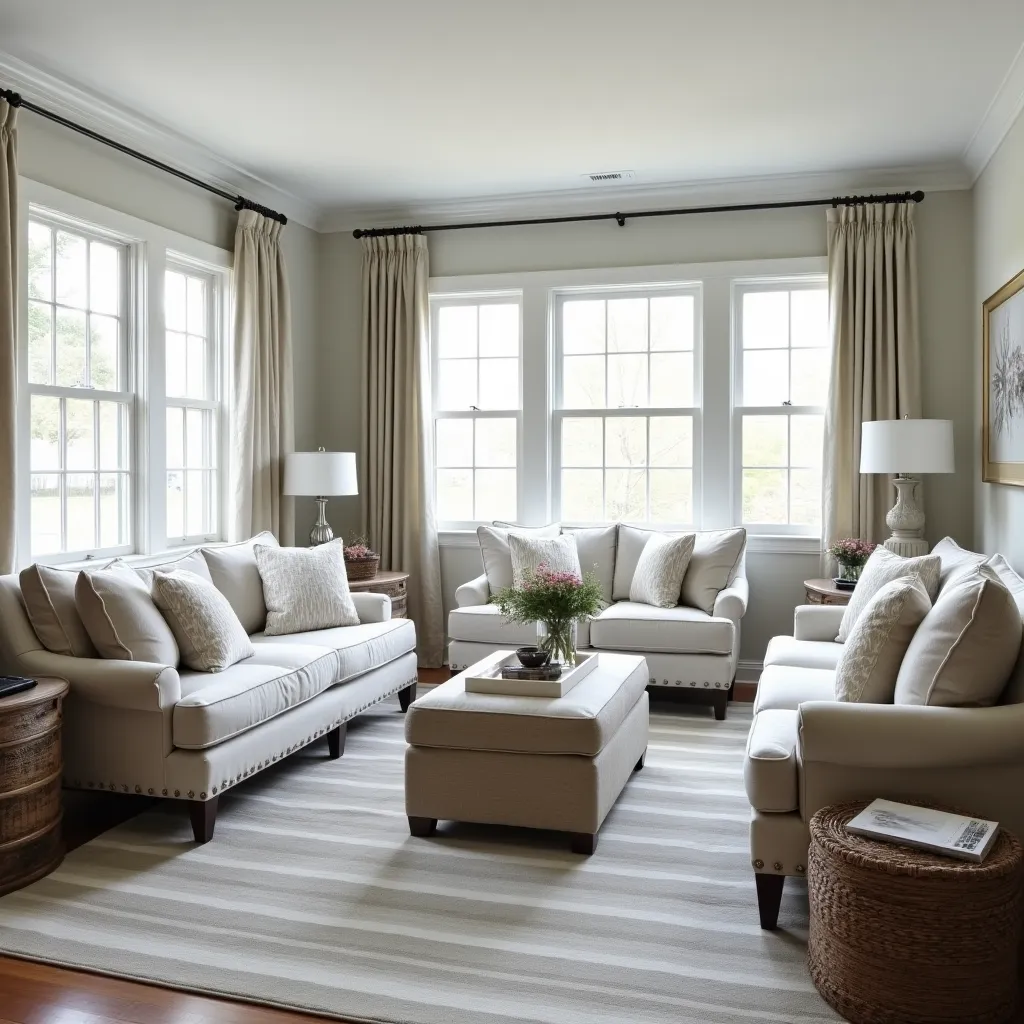 Elegant gray and beige living room featuring plush sofas, a striped area rug, and large windows with natural light, perfect for cozy and stylish home design ideas.