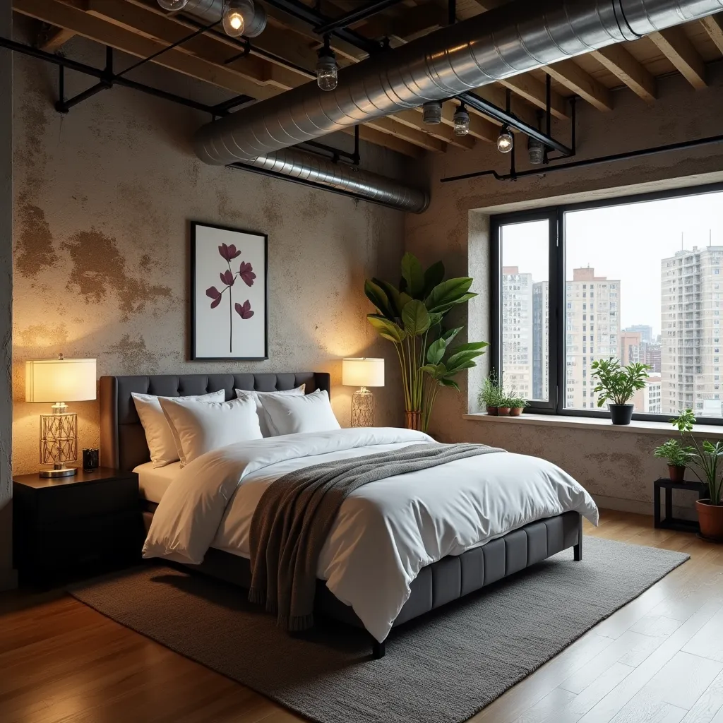 Modern men's bedroom featuring stylish furniture ideas, including a sleek upholstered bed, contemporary nightstands, and industrial lighting. The room is accented with a large window, indoor plants, and a cozy rug, creating a perfect blend of comfort and urban design.