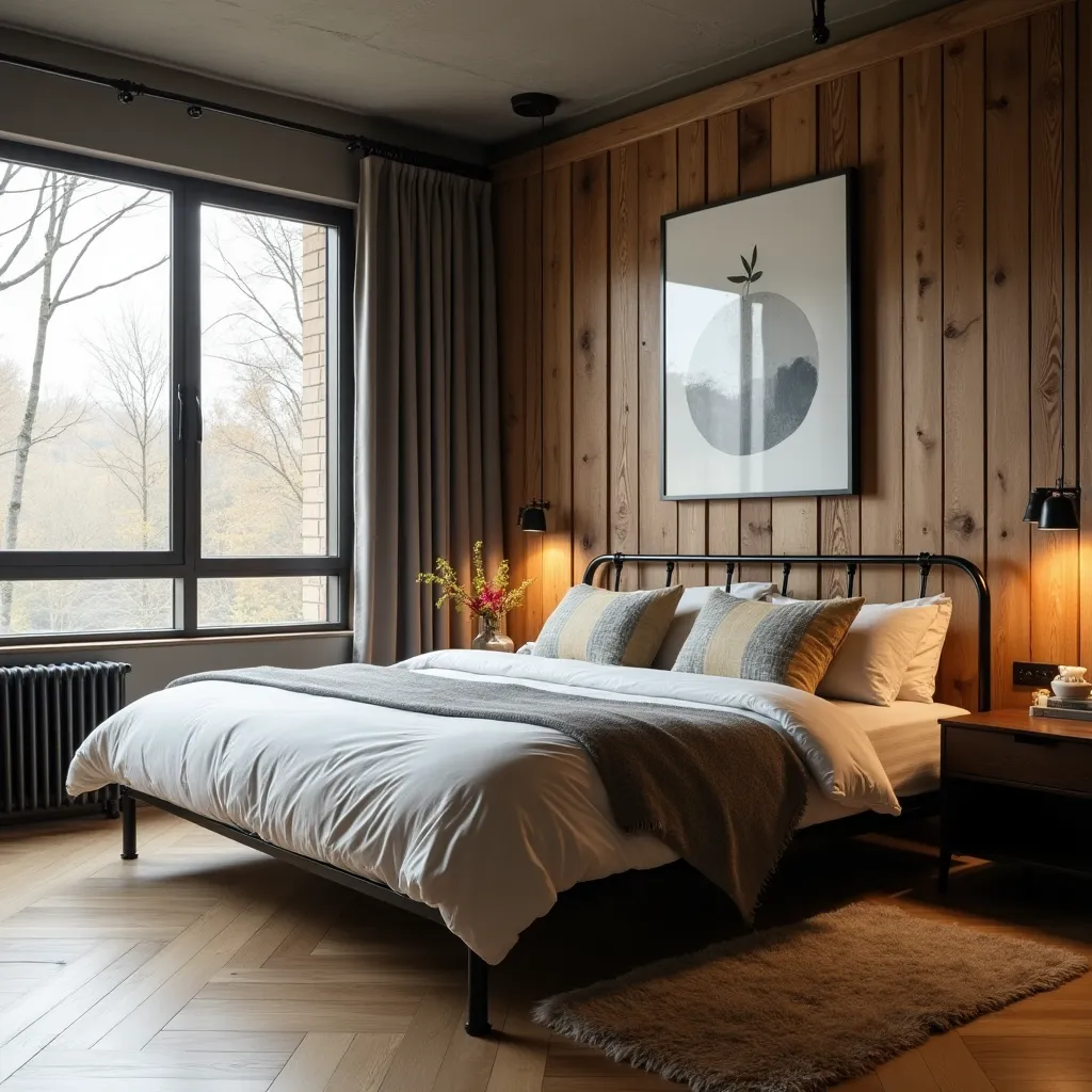 Cozy men's bedroom featuring modern furniture ideas with a sleek metal bed frame, wooden accent wall, and stylish bedside tables, creating a warm and inviting atmosphere.