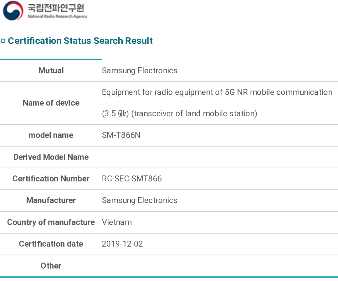 Samsung Galaxy Tab S6 s 5G na NRRA v Korei. Znamená to, že nový tablet s podporou 5G se dostává na trh v Korei.