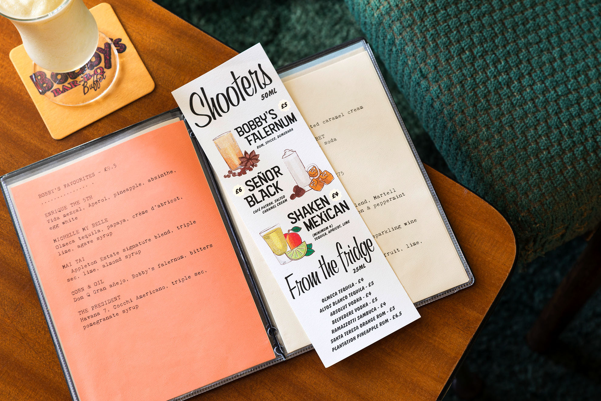 Printed drinks menu at Bobby F cafe, designed by & Smith.