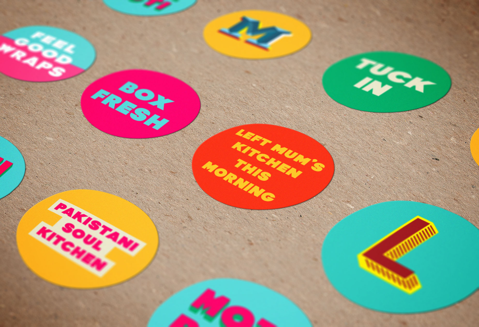 Colourful typographic stickers designed by & Smith for Moti Roti.