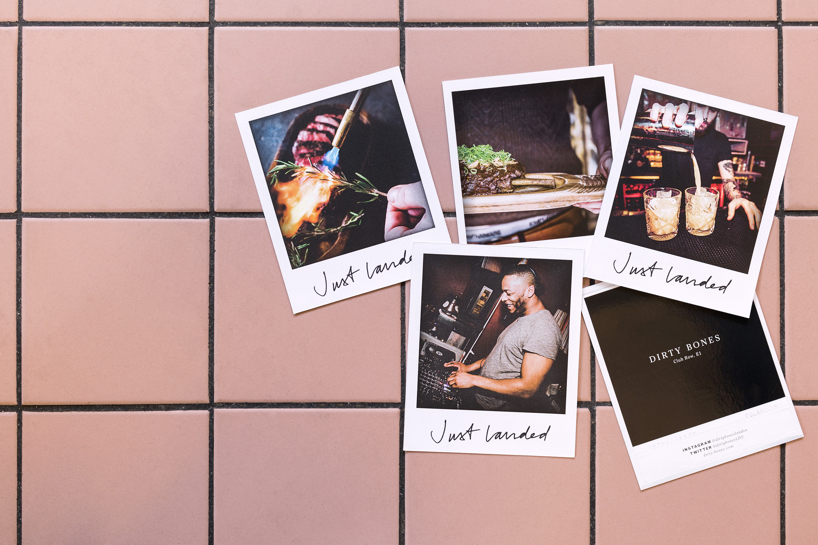 Polaroid shots over a colourful tile background, art directed by & Smith for Dirty Bones restaurant.