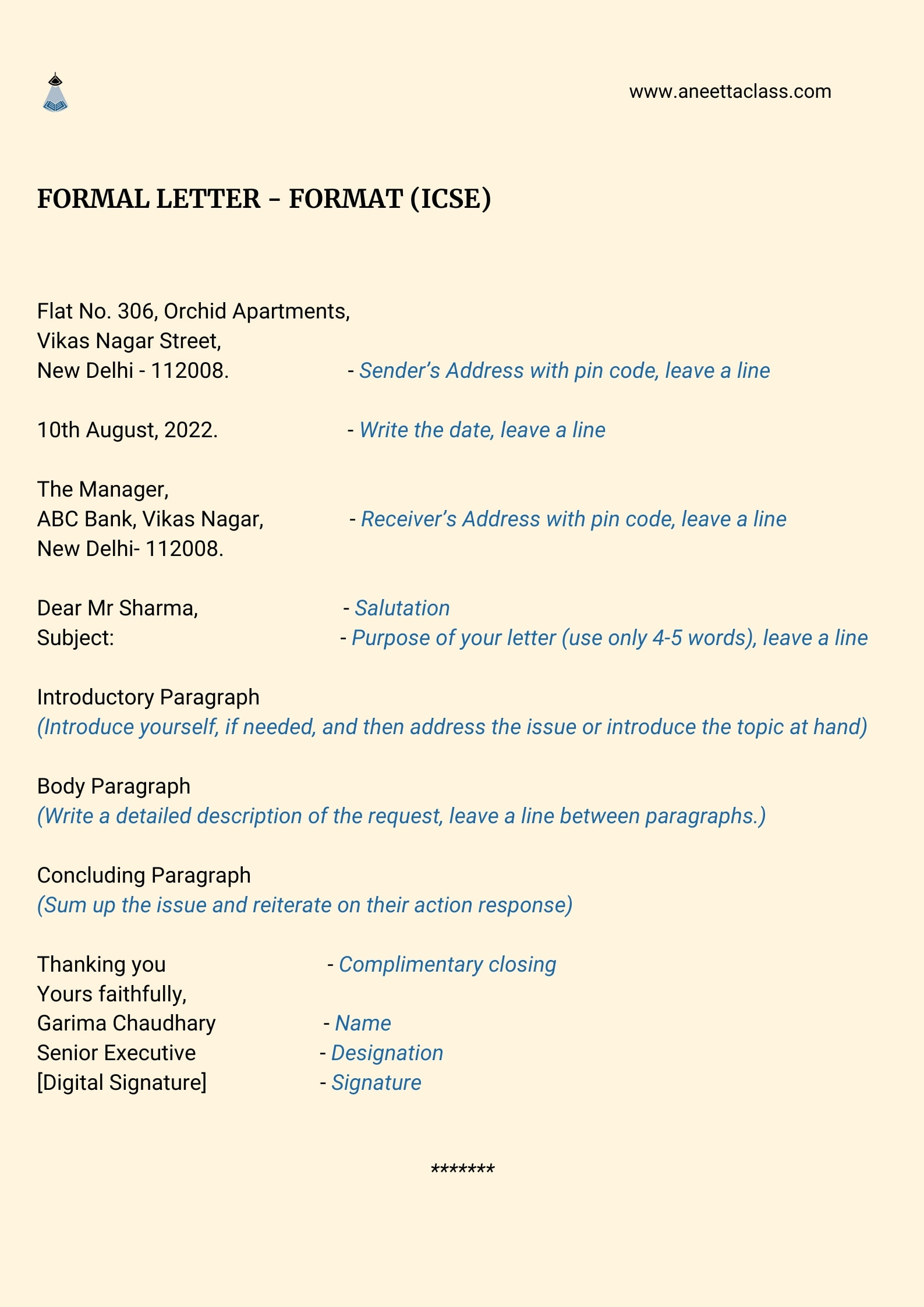 Formal Letter Writing Format ICSE