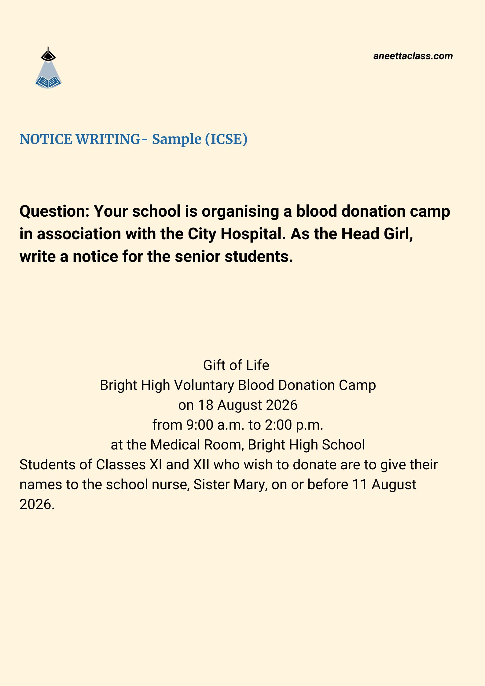 A sample of ICSE notice writing made by Aneetta Class.