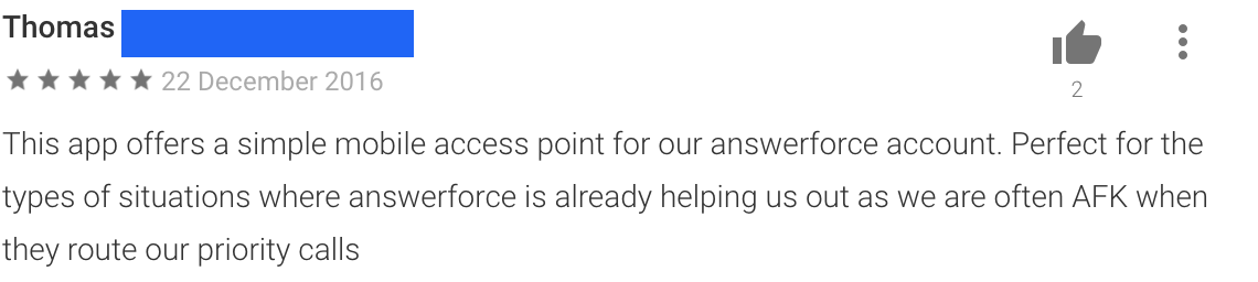 a review from a person using answerforce app