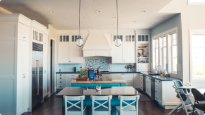 a front view of a dining table in the kitchen