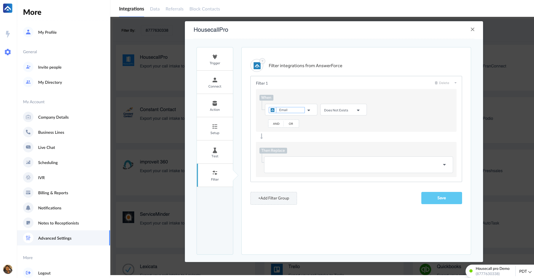 add any additional filters to integrate your answerforce account with housecallpro