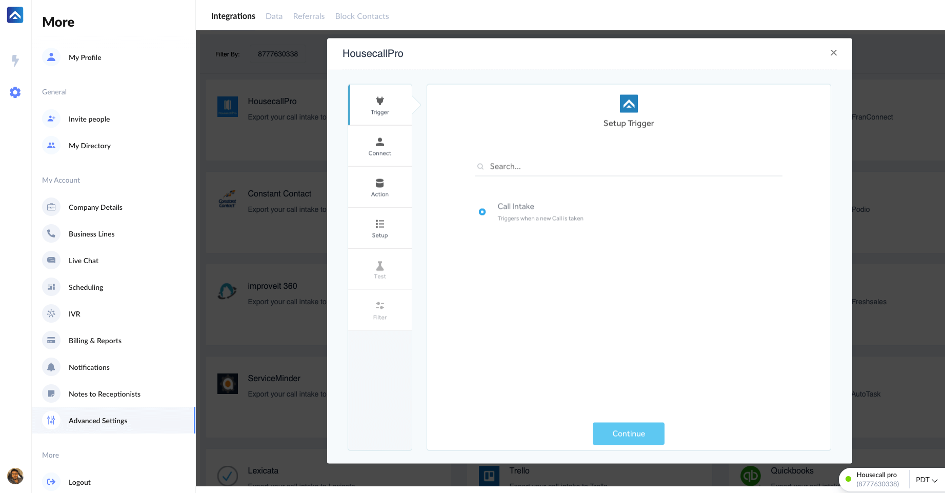 select trigger to integrate with housecallpro