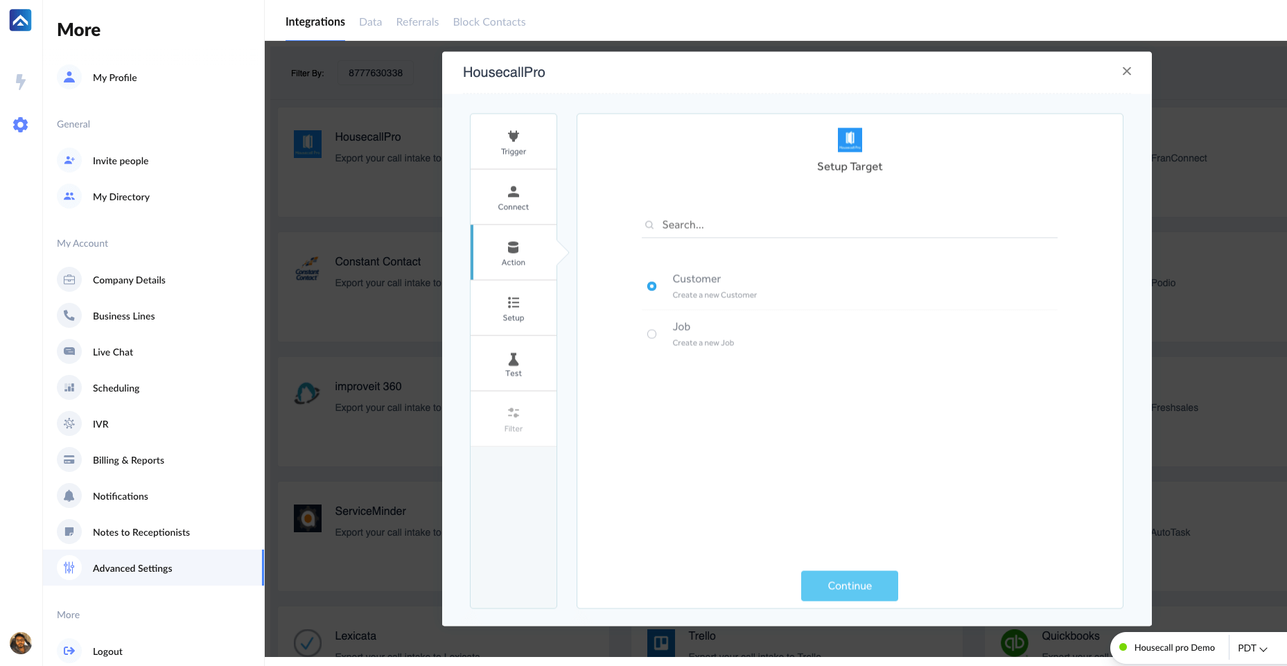 setup target to integrate with housecallpro