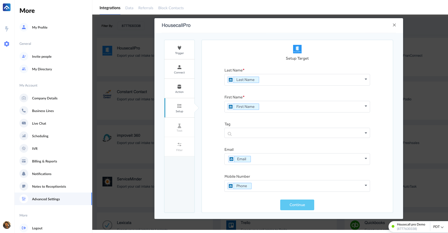 step by step integration of housecall pro with answerforce