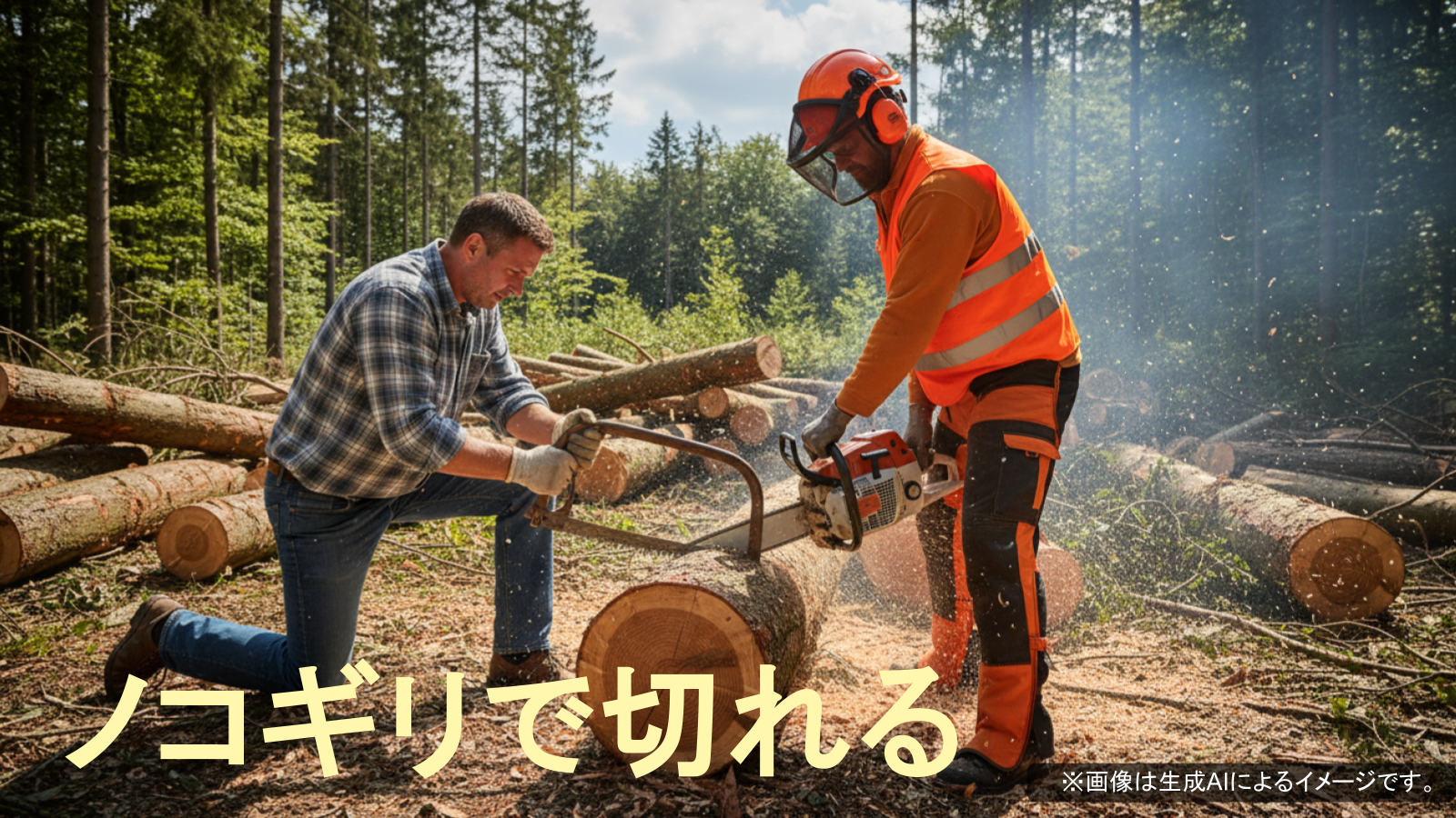 ノコギリでの伐採ができます