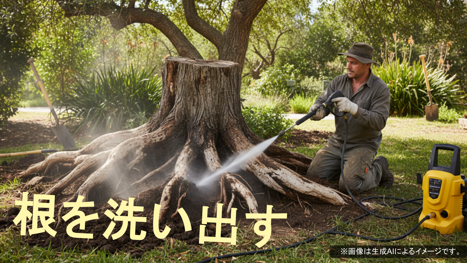 根を洗い出して切りやすくする