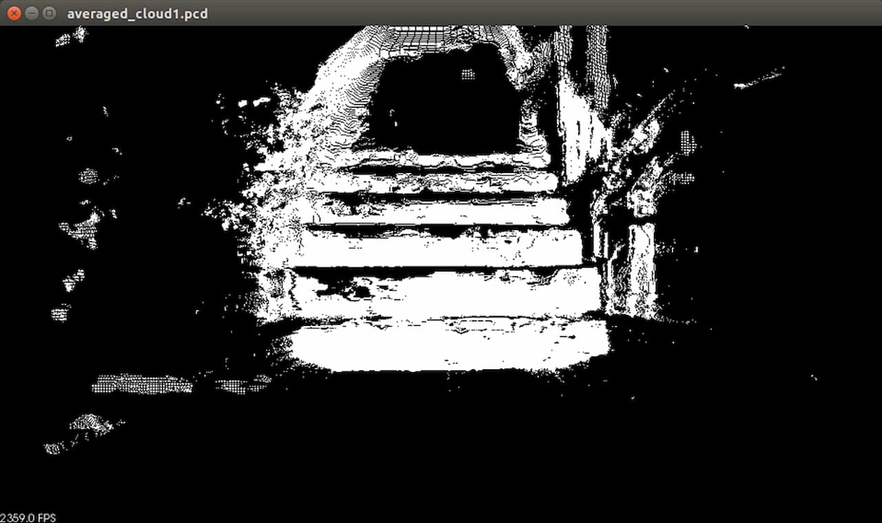 Pointcloud data of a stair, taken by an Intel Realsense camera. I think the FPS counter in the corner is broken.
