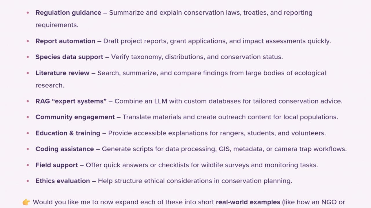 How can you use LLMs in wildlife conservation and academia?