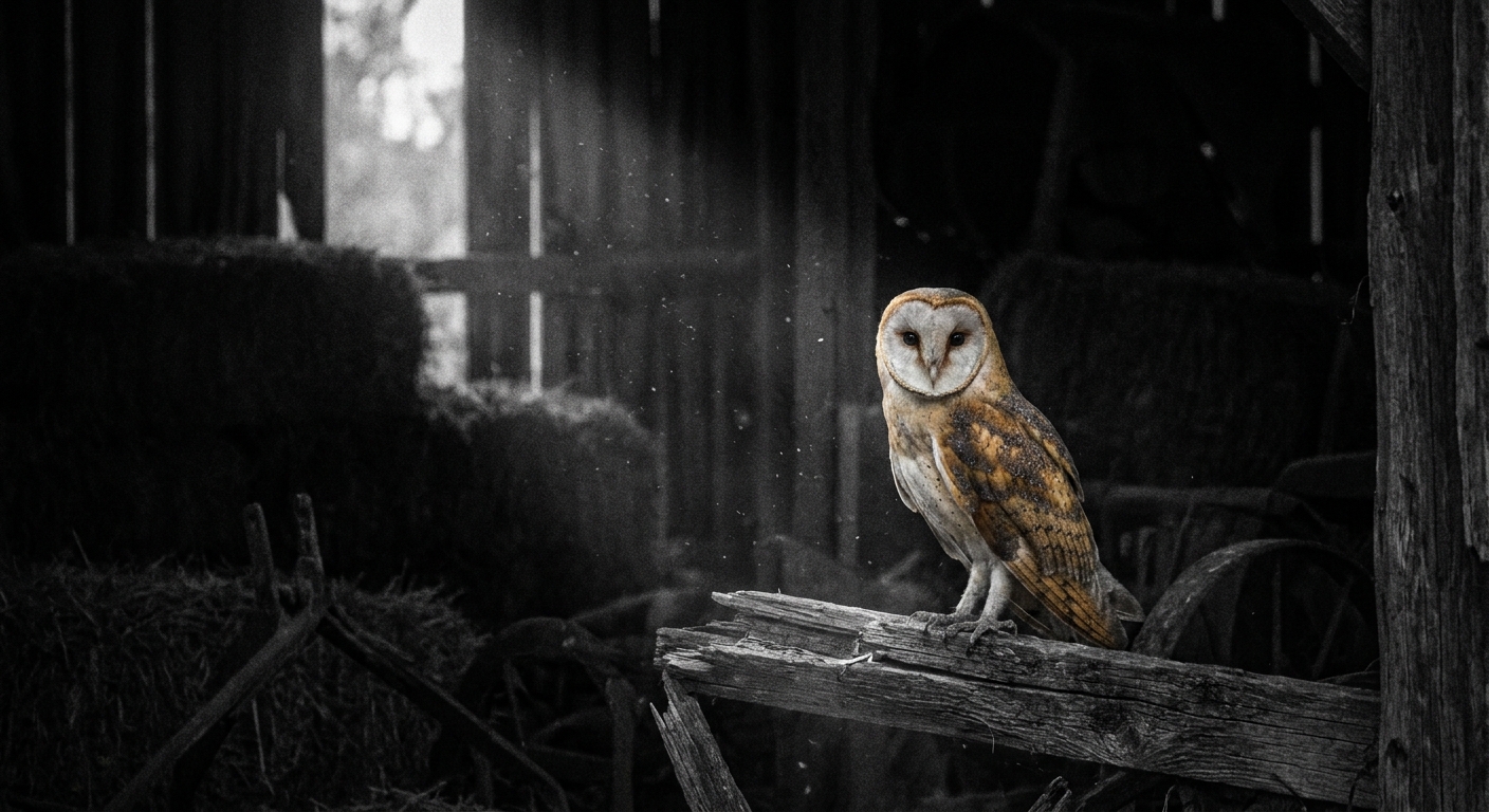 Ghost of the Rafters: Barn Owl on Moonlit Timber Beam