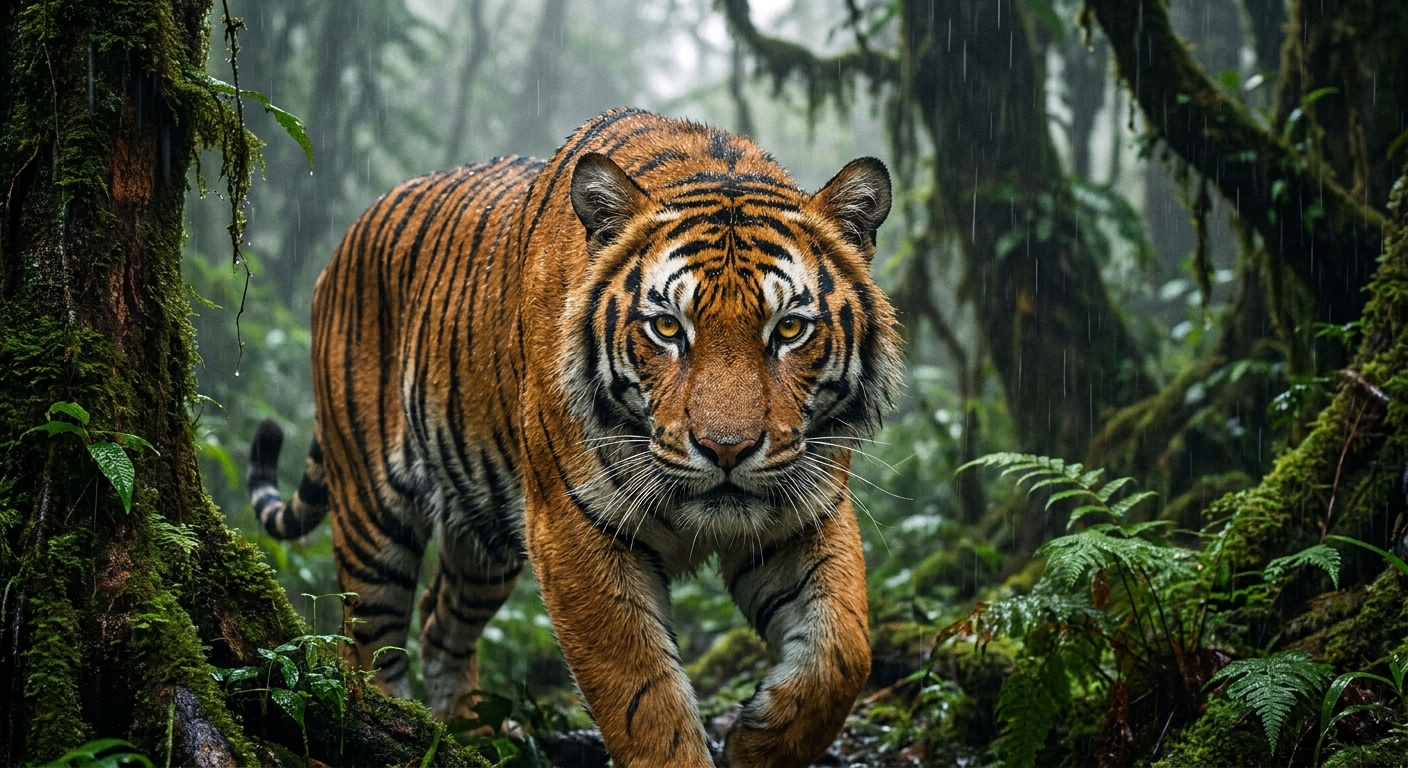 Monarch of the Mist: Royal Bengal Tiger in Monsoon Rainforest