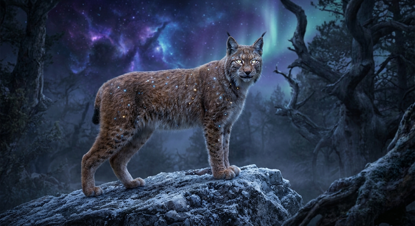 Starlight Prowler: Celestial Star-Furred Lynx in Cosmic Forest