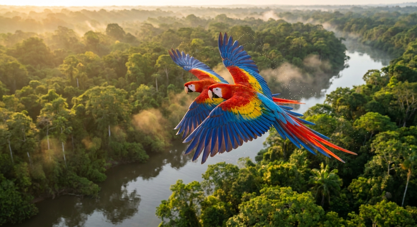 Wings of the Amazon: Scarlet Macaw Pair in Flight