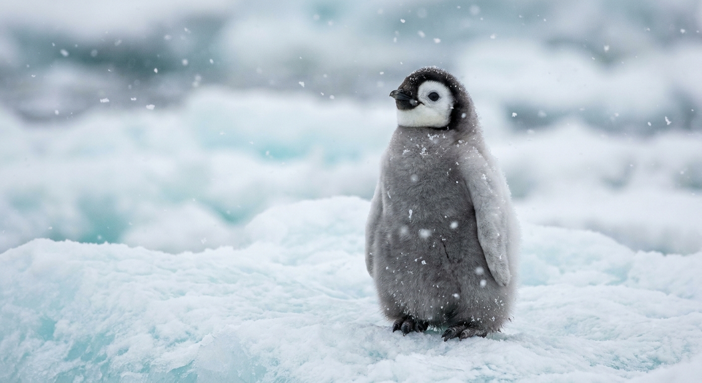 First Wonder: Emperor Penguin Chick in Antarctic Flurry