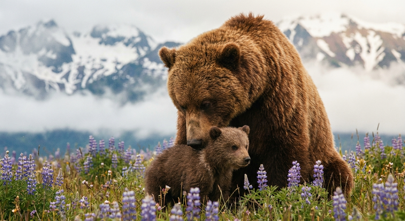 Sanctuary of the Wild: Mother Grizzly Sheltering Cub