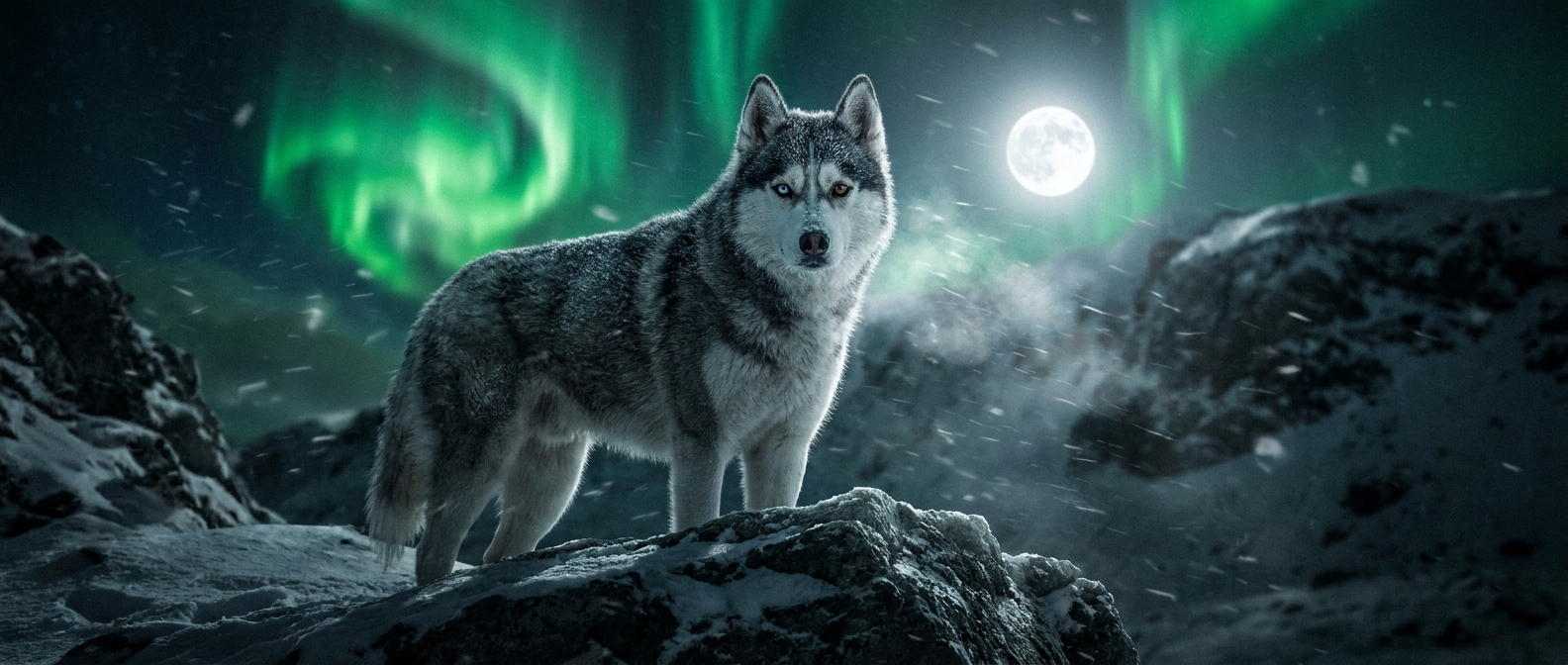 Arctic Sentinel: Siberian Husky Beneath the Northern Lights